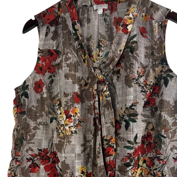 Talbots Sz 1X 16 18 Shirt Top Blouse Floral Bow Tie Front Silky Brown Slvlss - Picture 2 of 4